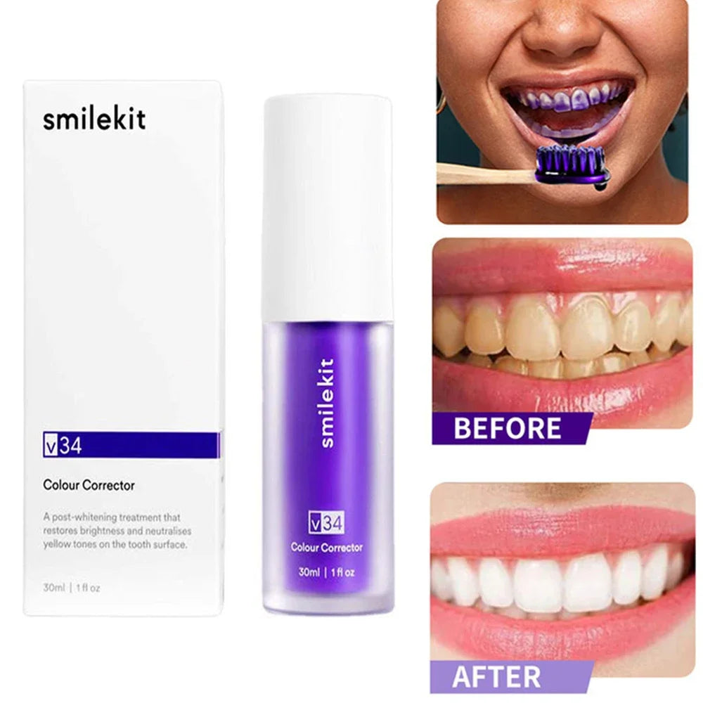 V34 30Ml SMILEKIT Purple Whitening Toothpaste Remove Stains Reduce Yellowing Care for Teeth Gums Fresh Breath Brightening Teeth