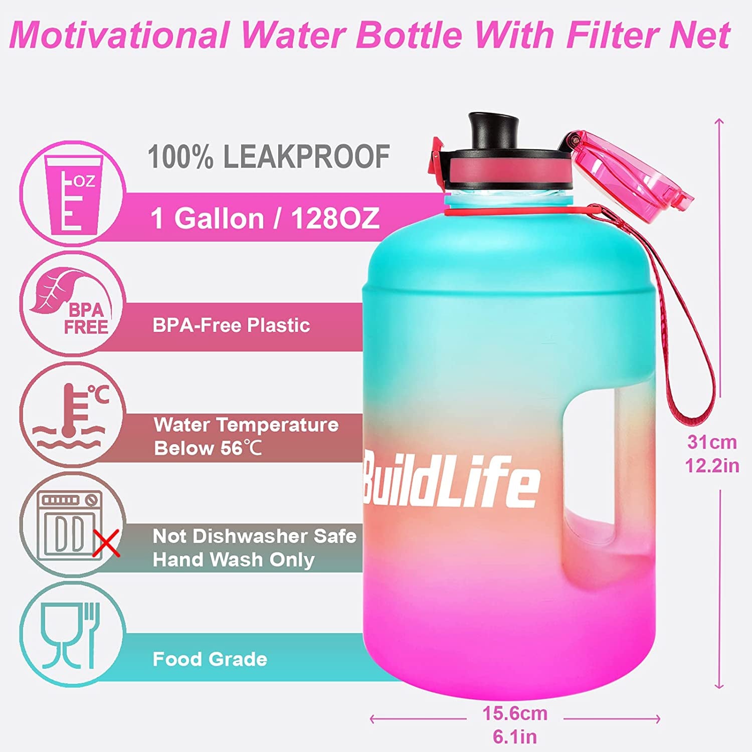 Gallon Water Bottles with Times to Drink - Gallon Water Jug - 1 Gallon Water Bottle–128 Oz Water Bottle,One Gallon Water Bottle with Time Marke and Flip Top Leak Proof Lid for Gym