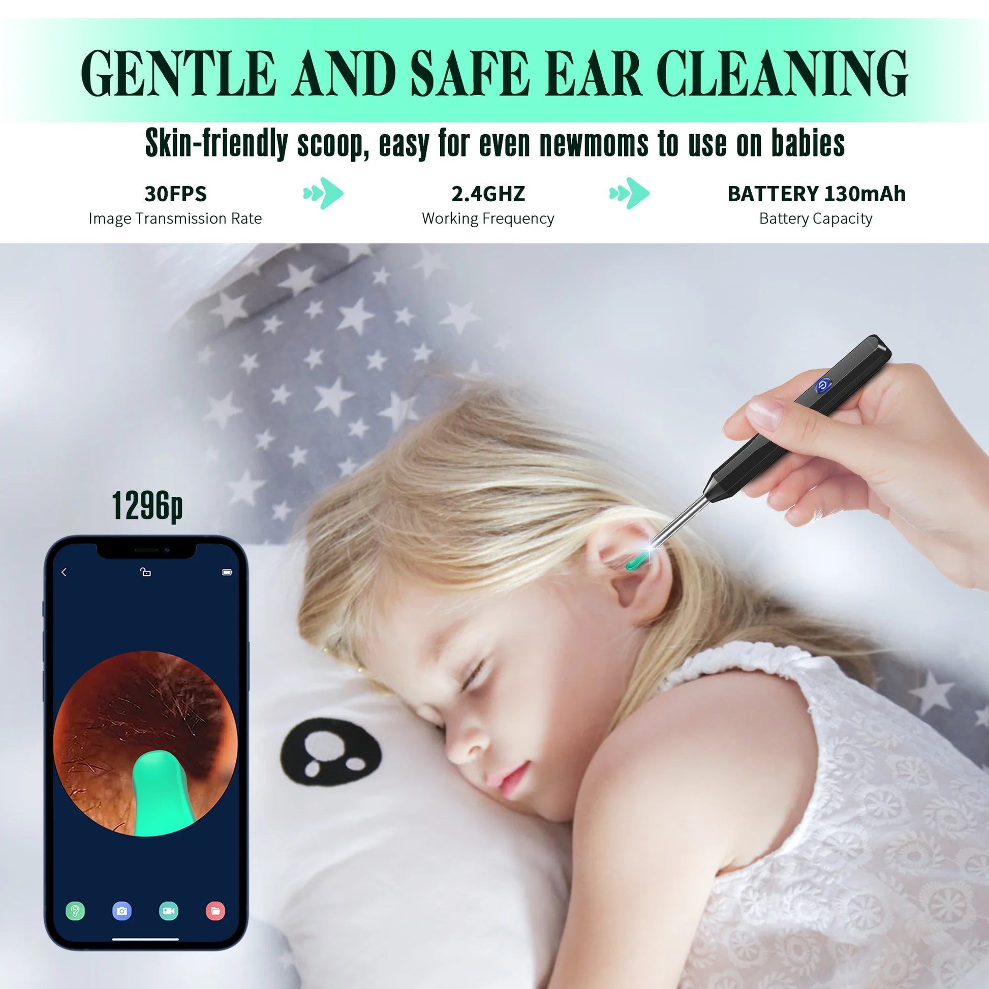 Ear Cleaner with Camera, Earwax Remover Tool, 1296P HD Ear Otoscope with 6 LED Lights, 6 Ear Spoon & 8 Tools Ear Wax Removal Kit for Iphone, Ipad & Android Smart Phone